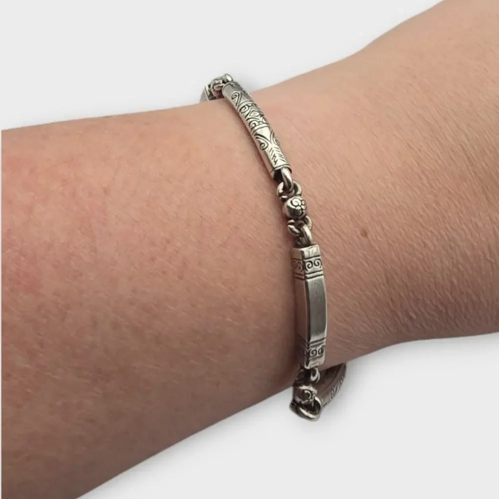 Brighton Bar Link Bracelet Scroll Etched Silver Tone Classic Minimal Everyday